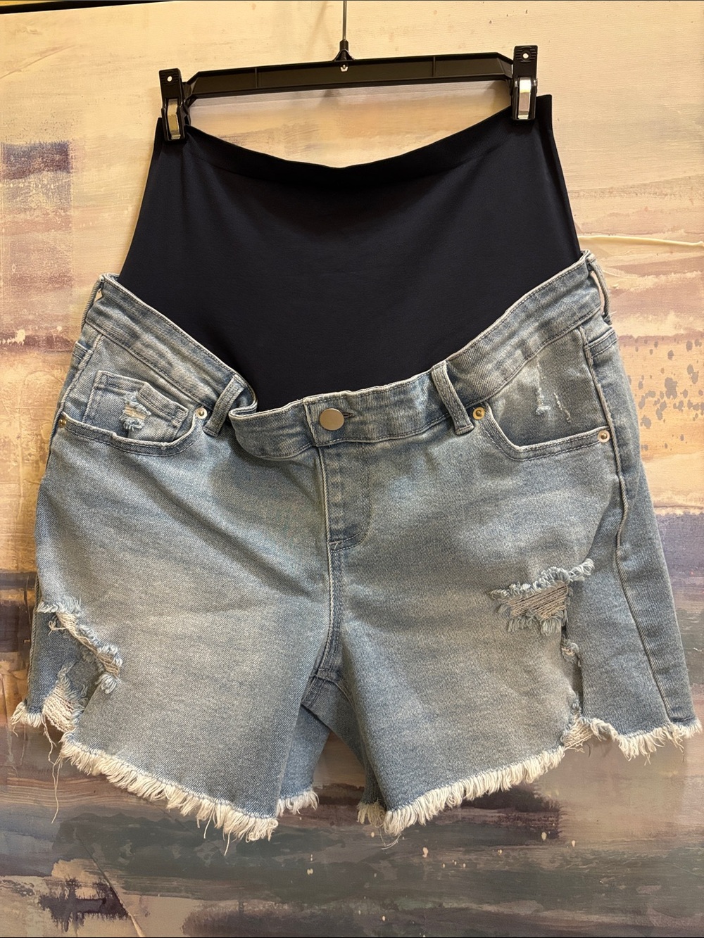 Time and Tru Light Blue Denim Maternity Shorts with Black Stretch Panel